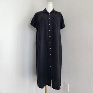 Vintage 90s Black Linen Shirt Dress Midi Button Down Short Sleeve Sunbelt M